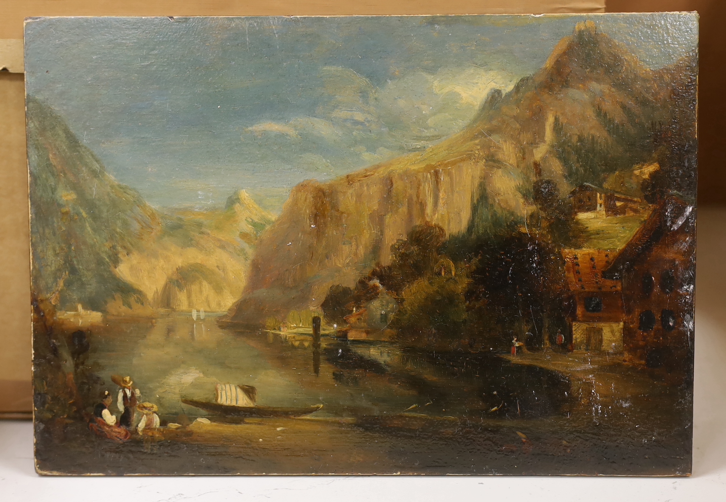 19th century Continental School, oil on board, mountainous landscape with figures before a lake, unframed, 25.5cm x 18cm